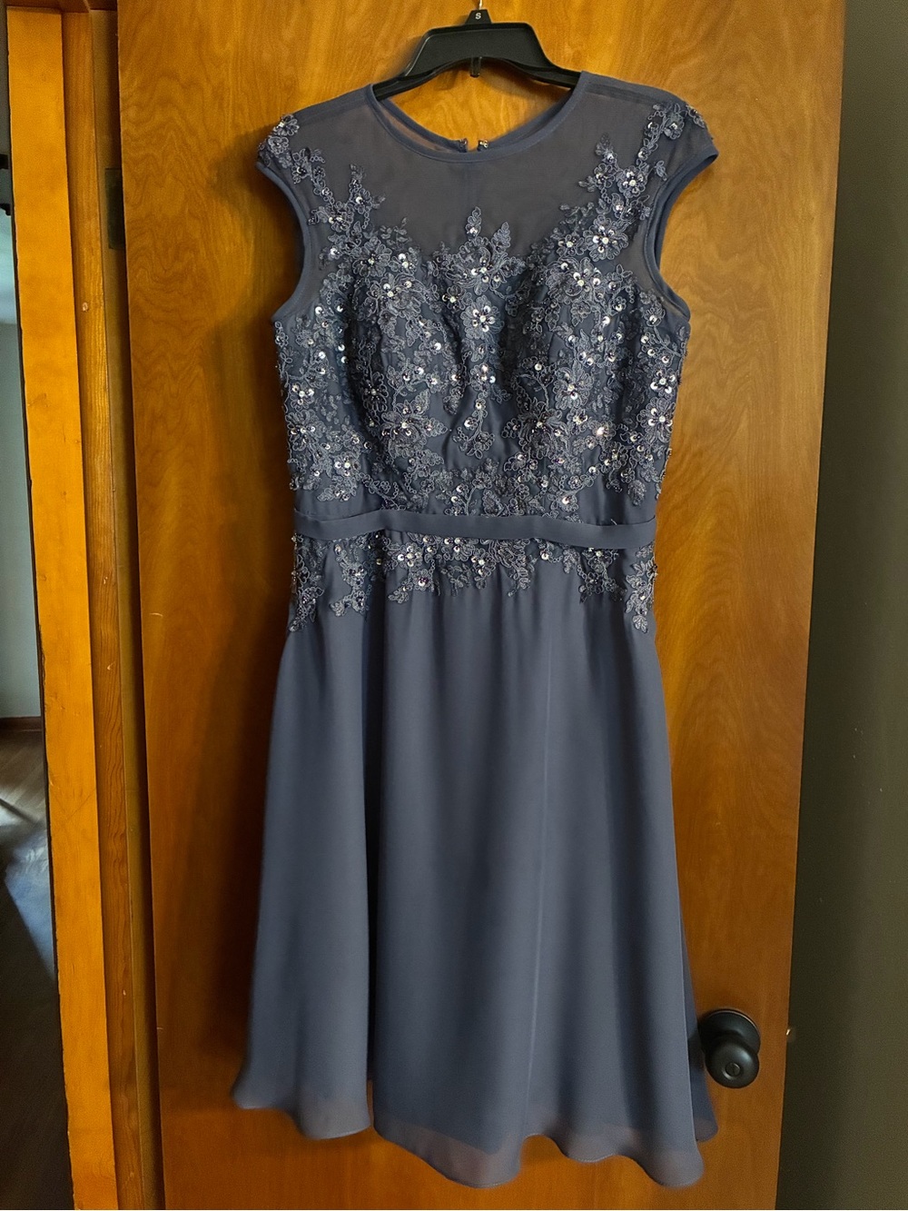 JJs House Slate Blue Mother of The Bride Illusion Neck Lace Appliqué ALine Dress